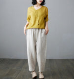 Cropped Cotton Linen Pants, Loose Harem Literary Casual Summer Trousers