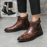 Men's Fashion Pointed Toe Low Square Heel Buckle Zipper Ankle Shoes, Business Formal Leather Boots