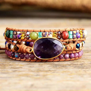 Ethnic Style Red Wood Grain, Leather Rope Crystal Bracelet