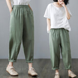 Cropped Cotton Linen Pants, Loose Harem Literary Casual Summer Trousers