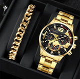 Men's New Popular Steel Strip, Fashion Business Three Eye Quartz Watch Bracelet Set, Valentine's Day Gifts