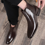 Pointed Toe Chelsea-style Boots for Men, Fashion British Style Square Heel Business Formal Leather Shoes