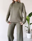 Turtleneck Knitted Suit, Loose Split Design Long-sleeved Top and Straight Trousers, Fashion Casual Solid Set, Women's Clothing