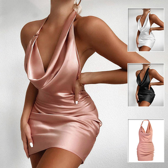 Satin Party Dress, V-neck Backless Mini Sleeveless Summer Party Gown