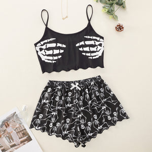 Halloween Pumpkin Print Sleeveless Sling Top Shorts, Home Wear Pajamas