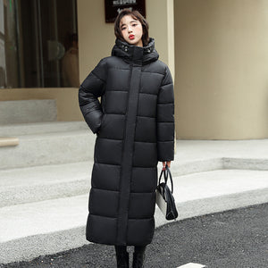 Women's Super Long Down Jacket, Winter Puffer Thick Coat, Black Red Hooded Zippered Warm Fall Winter Casual Clothes