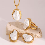 Fashion Jewelry, New Women's Stainless Steel Pearl Necklace, Earrings, Ring