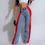 2024 Fashion, Casual High Waist Elastic Straight Leg Trousers, Three Stripe Patchwork Denim Wide Leg Pants Streetwear