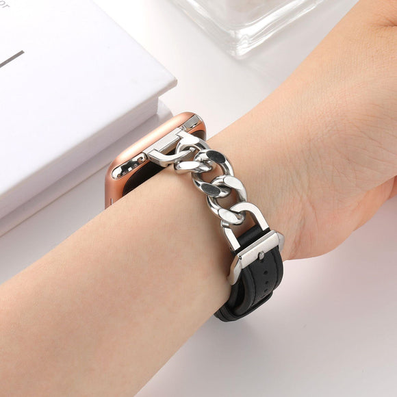 Stainless Steel Leather Single Row Denim Chain Watch Strap Only