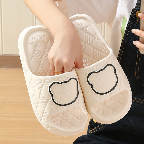 Rhombus Design Bear Slippers, Indoor Non-slip Thick Soles, Bedroom Bathroom Slippers for Women and Men, Cute House Flats