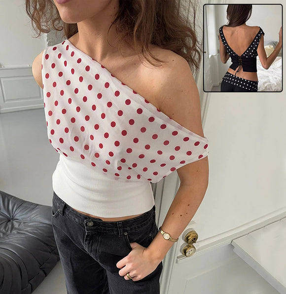 Polka Dots Print Oblique Shoulder Tops, Summer Patchwork Chiffon Women's Sleeveless Lace-up Backless Blouse, Casual Streetwear Tee