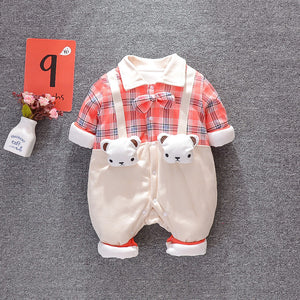 Check Panel Bodysuit, Plaid Bear Thin Cotton Romper