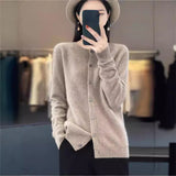 Fashion Merino Wool Cardigan Sweater, Women's O-neck Long-sleeve Cashmere Knitwear, Spring Autumn Female Clothing Tops