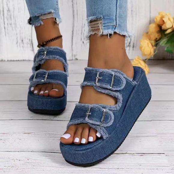 Denim Buckle Wedges or Sandals, Summer Outdoor High Heel Slippers, Thick Bottom Camouflage Shoes for Women