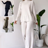 Turtleneck Knitted Suit, Loose Split Design Long-sleeved Top and Straight Trousers, Fashion Casual Solid Set, Women's Clothing