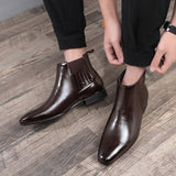 Pointed Toe Chelsea-style Boots for Men, Fashion British Style Square Heel Business Formal Leather Shoes