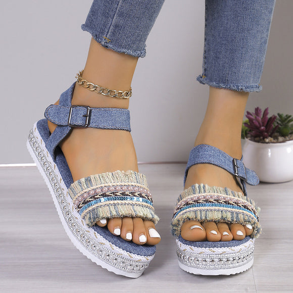 Fashion Tassel Denim Sandals with Thick-soled Flat Heels, New Summer Hemp Rope Sole Ethnic Style Shoes for Women