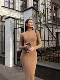 Knitted Turtleneck Tight European, American and French Style Elegant Bottoming Striped Elegant Dress