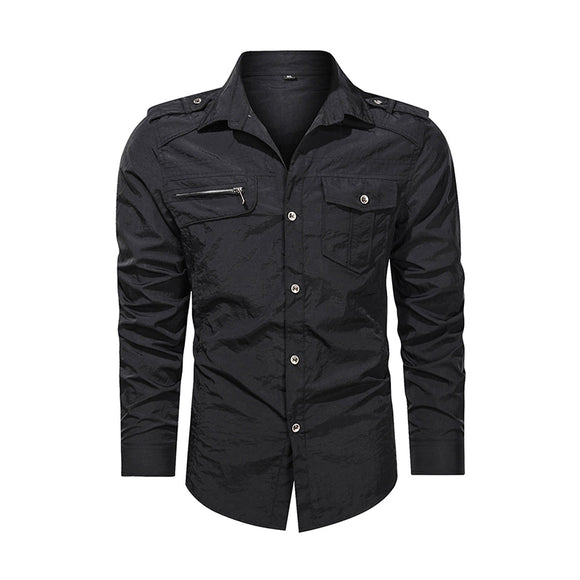 Men's Outwear, Military Thin Long Sleeve Shirt, Quick-dry Solid Casual Tops, Body Fit Guys' Shirts