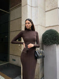 Knitted Turtleneck Tight European, American and French Style Elegant Bottoming Striped Elegant Dress