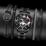 Men's New Popular Steel Strip, Fashion Business Three Eye Quartz Watch Bracelet Set, Valentine's Day Gifts