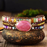 Ethnic Style Red Wood Grain, Leather Rope Crystal Bracelet