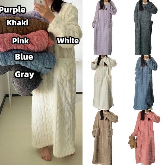 Winter Coral Fleece Sleepwear, Women's Nightgown Long Night Dress Pajamas with Pockets, Thickened Jacquard Dress Warm Home Clothes