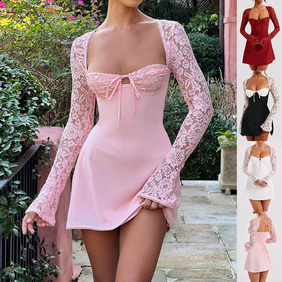 Fashion Corset Lace Long Sleeve Dress, Sexy Y2K Backless Short Frock