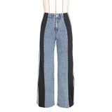 2024 Fashion, Casual High Waist Elastic Straight Leg Trousers, Three Stripe Patchwork Denim Wide Leg Pants Streetwear