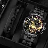 Men's New Popular Steel Strip, Fashion Business Three Eye Quartz Watch Bracelet Set, Valentine's Day Gifts