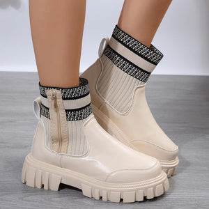 Fashion Mid-tube Boots with Zipper Design, Non-slip Thick Sole Elastic Knitted Patchwork, Women's Round Toe Shoes for Winters