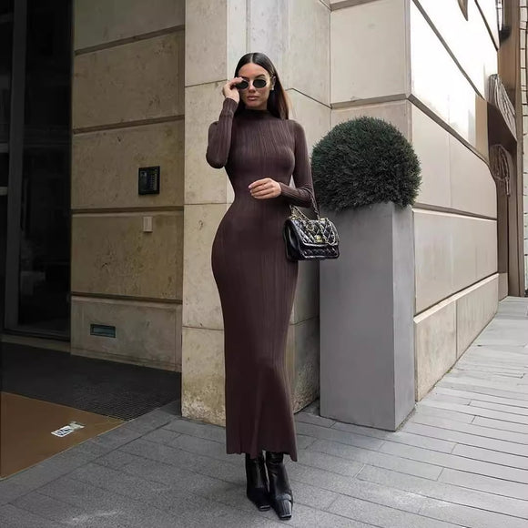 Knitted Turtleneck Tight European, American and French Style Elegant Bottoming Striped Elegant Dress