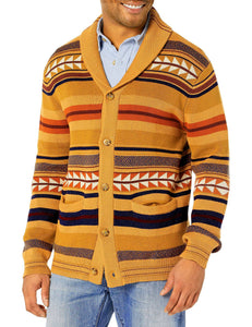 Contrasting Color, Jacquard Knitted Cardigan Coat for Men