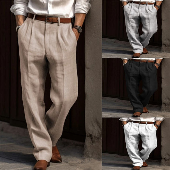 Men's Linen Trousers, Double Pleated Front Pocket Straight Pure Color Comfortable Breathable Casual Pants