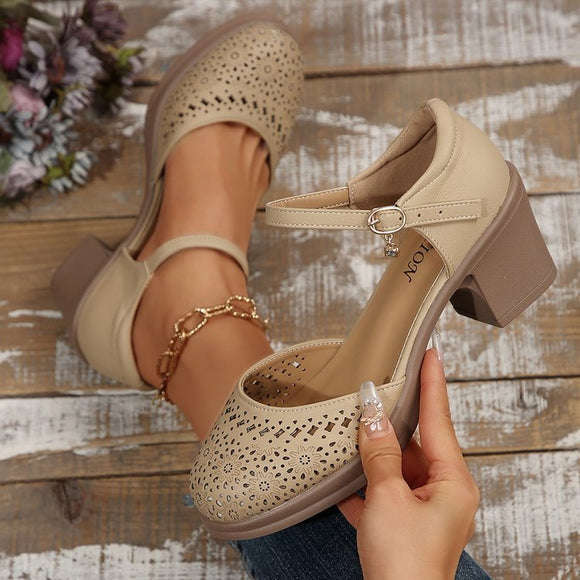 New Retro Easy Matching, Hollow Out, Mid Heel, Toe Box Ankle-strap, Buckle Pumps