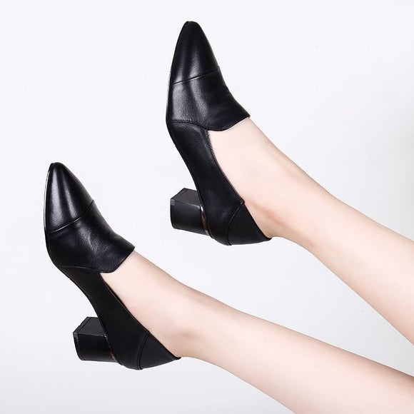 Soft Leather, Low-cut Leather, Pointed Toe Thick Heel, Women's Shoes