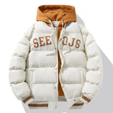 Fashion Letter Hooded Cotton Coat, Winter Warm Solid Zipper Jacket for Men, Teenagers' Clothing