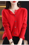 Fashion Merino Wool Cardigan Sweater, Women's O-neck Long-sleeve Cashmere Knitwear, Spring Autumn Female Clothing Tops