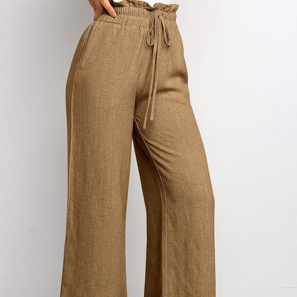 Elastic Waistband Lace-up Wide Leg Pants, Solid Color Cropped Trousers