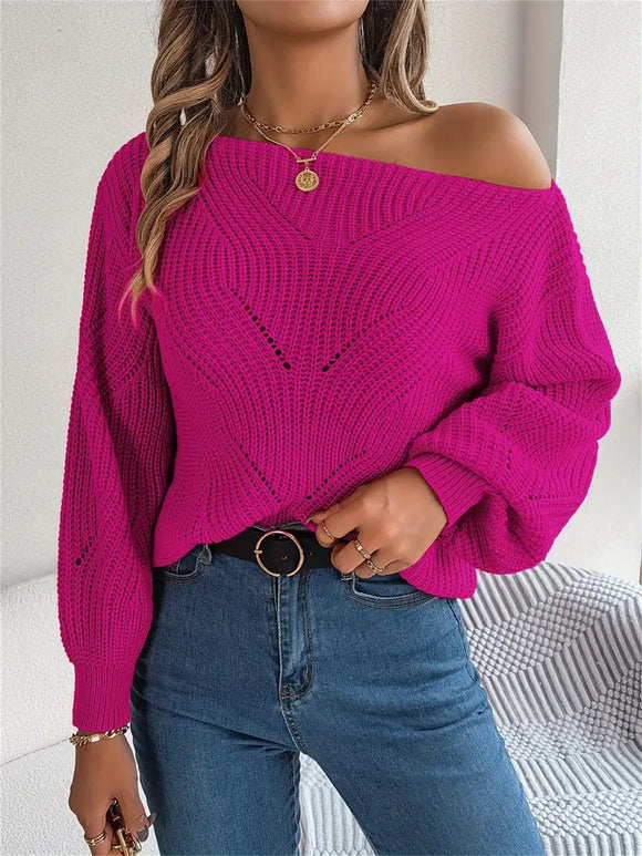 Off-shoulder Solid Color, Sexy Lantern Long Sleeve Sweater for Fall & Winter, Women's Clothing