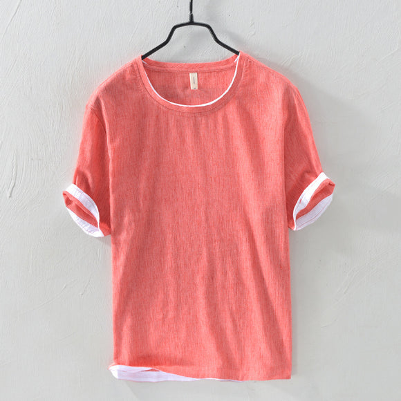 Linen Loose Casual Men's Round Neck T-shirt, Japanese Short-sleeved Blouse