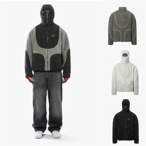 Men's Fashion Lamb Wool Hooded Zipper Coat Sweatshirt, Patchwork Line Design Male Casual Tops