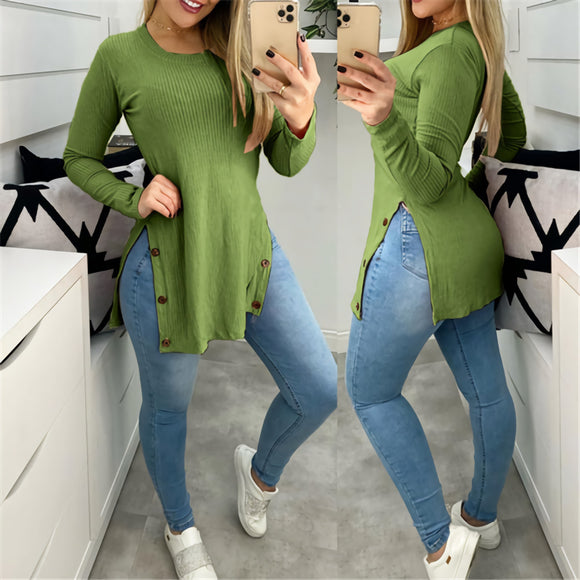 Women's Solid Color Round Neck Loose Sunken Stripe Slit Long-sleeved T-shirt