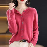 Fashion Merino Wool Cardigan Sweater, Women's O-neck Long-sleeve Cashmere Knitwear, Spring Autumn Female Clothing Tops