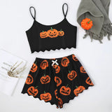 Halloween Pumpkin Print Sleeveless Sling Top Shorts, Home Wear Pajamas