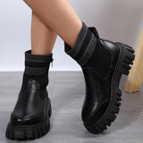 Fashion Mid-tube Boots with Zipper Design, Non-slip Thick Sole Elastic Knitted Patchwork, Women's Round Toe Shoes for Winters