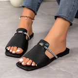 Fashion Rhinestone Strap Design Sandals, Summer New Square Toe Low Heel Slippers for Women, Casual Slides Beach Shoes