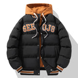 Fashion Letter Hooded Cotton Coat, Winter Warm Solid Zipper Jacket for Men, Teenagers' Clothing