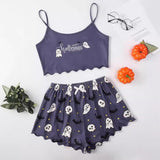 Halloween Pumpkin Print Sleeveless Sling Top Shorts, Home Wear Pajamas