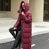 Women's Super Long Down Jacket, Winter Puffer Thick Coat, Black Red Hooded Zippered Warm Fall Winter Casual Clothes